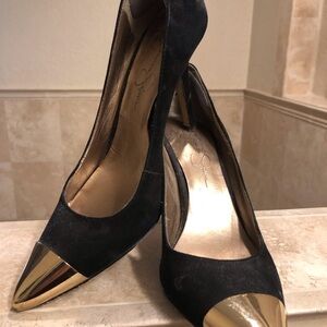 JESSICA SIMPSON Elegant Black Suede Heels with Gold Metal Toe